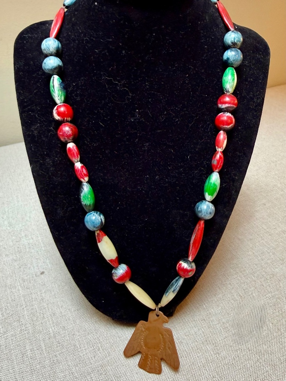 Vintage Trade Bead Necklace With Copper Thunderbird Eagle Pendant